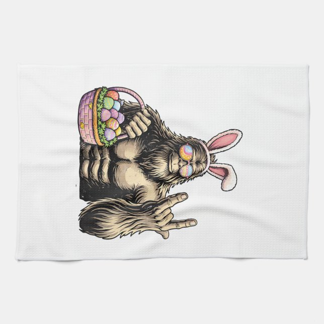 Funny Bigfoot Easter Egg Rock Sasquatch Easter Day Tea Towel (Horizontal)