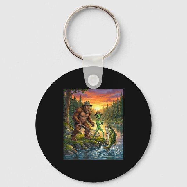Funny Bigfoot Fishing Mens Alien Sasquatch Fishing Key Ring (Front)