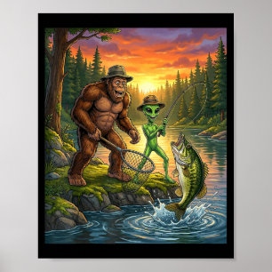 Funny Bigfoot Fishing Mens Alien Sasquatch Fishing Poster