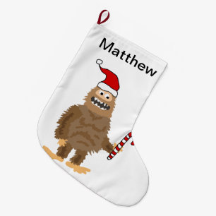 Funny Bigfoot in Santa hat Christmas Cartoon Large Christmas Stocking