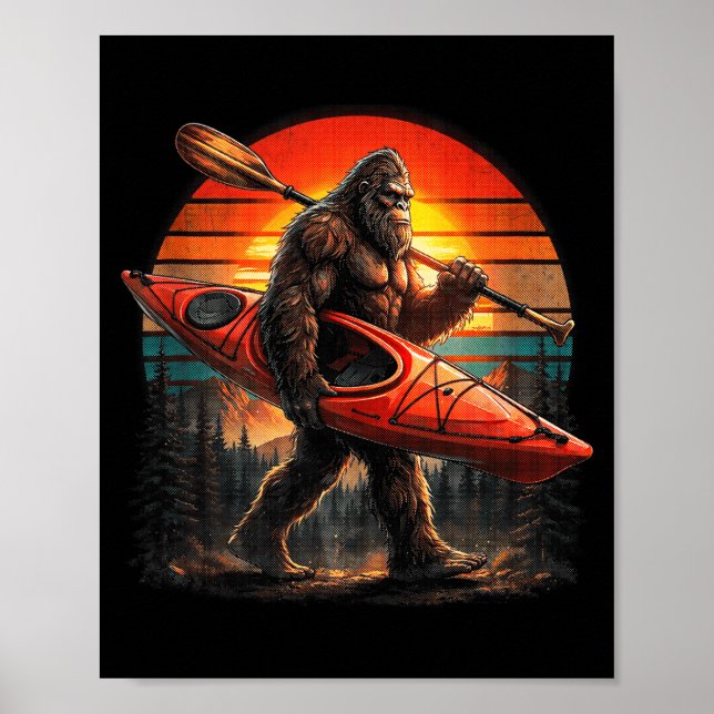 Funny bigfoot kayaking retro sunset sasquatch poster (Front)