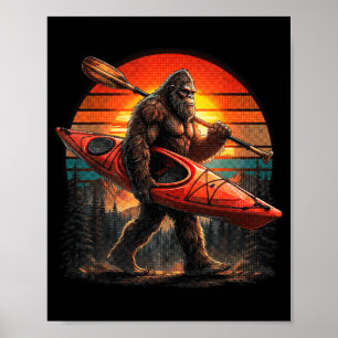 Funny bigfoot kayaking retro sunset sasquatch poster
