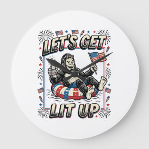 Funny Bigfoot Let’s Get Lit Up Patriotic Large Clock