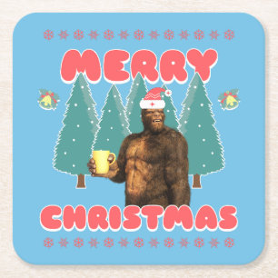Funny Bigfoot - Merry Christmas Square Paper Coaster