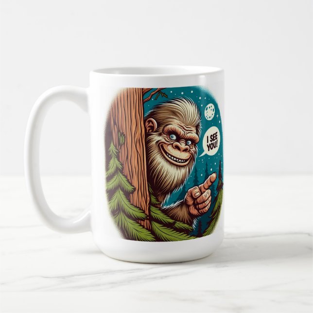 Funny Bigfoot Peeking from Behind Tree Coffee Mug (Left)