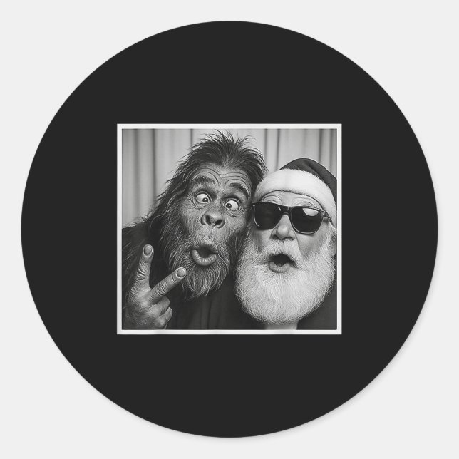 Funny Bigfoot Photobooth With Santa Christmas Xmas Classic Round Sticker (Front)
