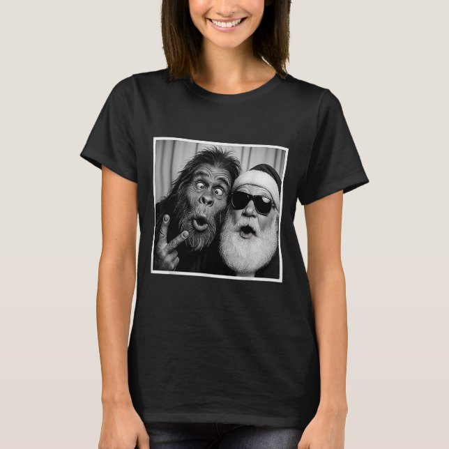 Funny Bigfoot Photobooth With Santa Christmas Xmas T-Shirt (Front)