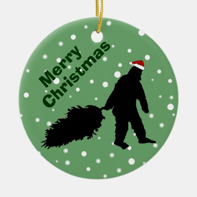 Funny Bigfoot Pulling Christmas Tree Ornament (Front)