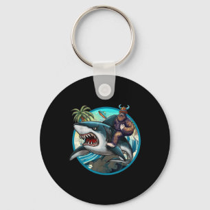 Funny Bigfoot Riding A Shark _ Hilarious Sasquatch Key Ring