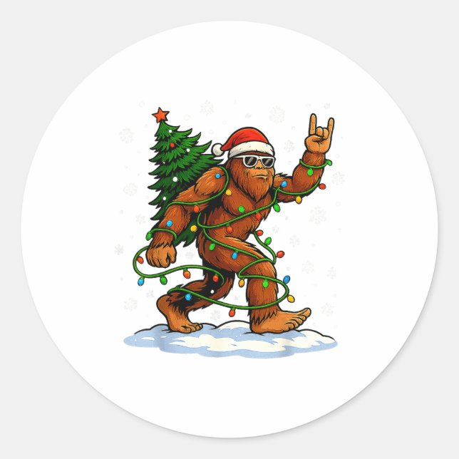 Funny Bigfoot Rock On Christmas Lights Snow Holida Classic Round Sticker (Front)