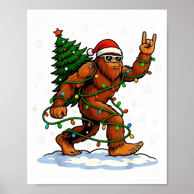 Funny Bigfoot Rock On Christmas Lights Snow Holida Poster (Front)