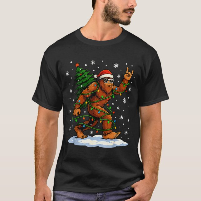 Funny Bigfoot Rock On Christmas Lights Snow Holida T-Shirt (Front)