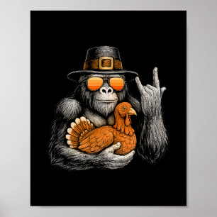 Funny Bigfoot Rock On Turkey Vintage Thanksgiving Poster