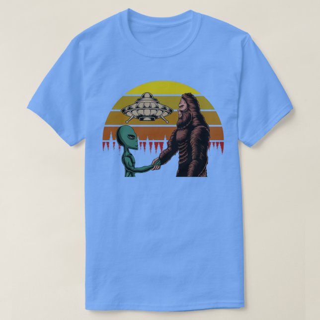 Funny Bigfoot Sasquatch and Alien UFO Abduction T-Shirt (Design Front)