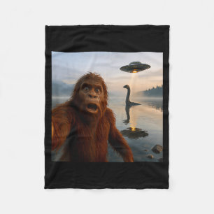 Funny Bigfoot Selfie With Loch Ness Monster And Uf Fleece Blanket