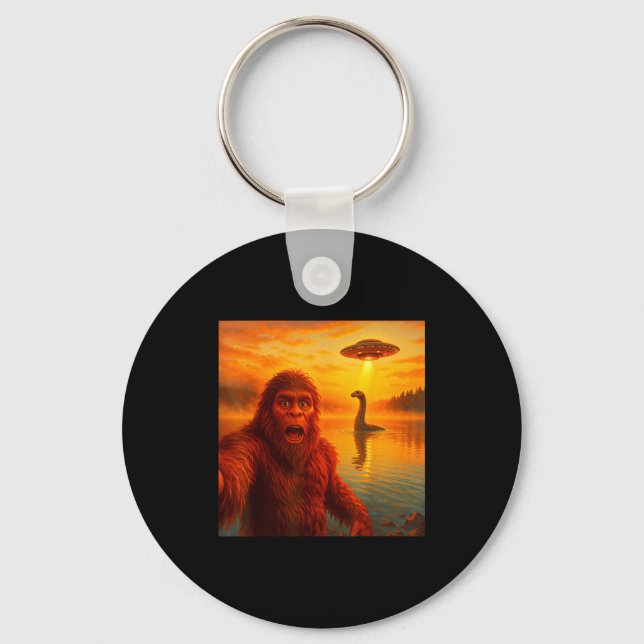Funny Bigfoot Selfie With Loch Ness Monster And Uf Key Ring (Front)