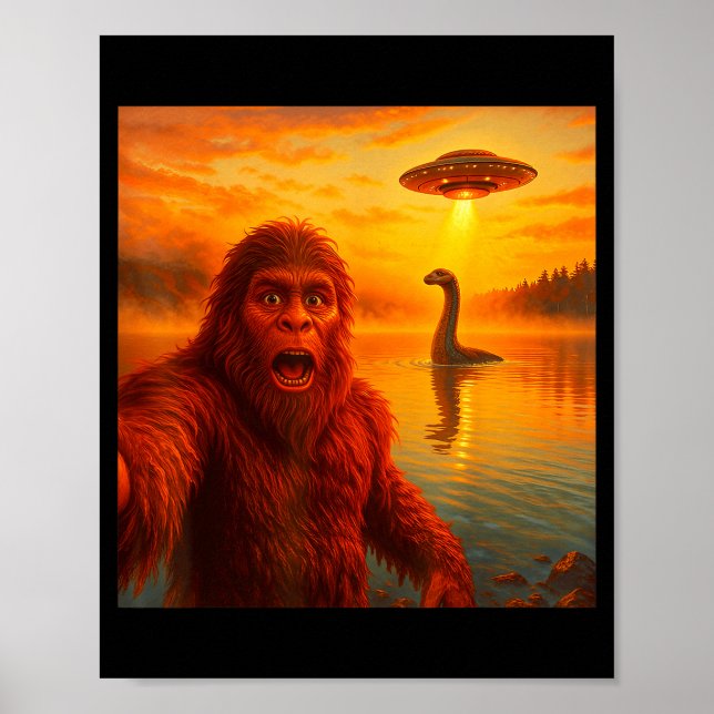 Funny Bigfoot Selfie With Loch Ness Monster And Uf Poster (Front)
