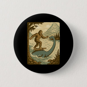 Funny Bigfoot Surfs Loch Ness Monster Retro 6 Cm Round Badge
