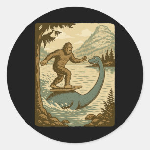 Funny Bigfoot Surfs Loch Ness Monster Retro Classic Round Sticker