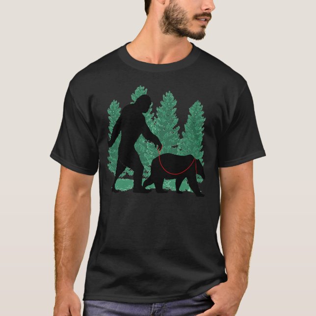 Funny Bigfoot Walking A Grizzly Bear Wild Animal L T-Shirt (Front)