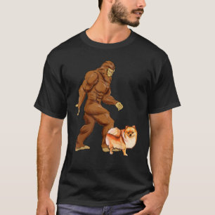 Funny Bigfoot Walking Pomeranian Sasquatch Dog T-Shirt