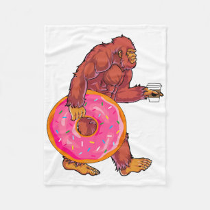 Funny Bigfoot Walking with Large Donut and Coffee Fleece Blanket