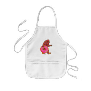 Funny Bigfoot Walking with Large Donut and Coffee Kids Apron