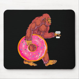 Funny Bigfoot Walking with Large Donut and Coffee Mouse Pad