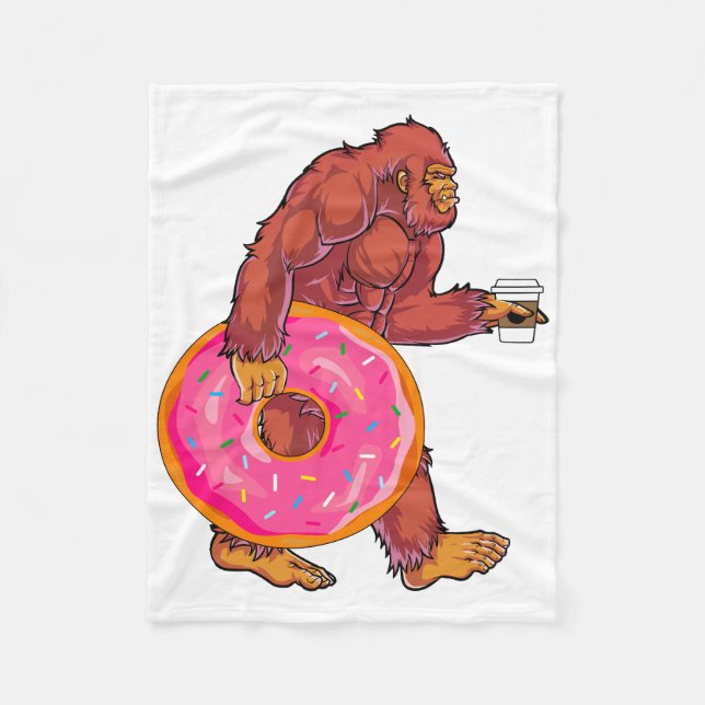 Funny Bigfoot Walking with Large Doughnut and Coff Fleece Blanket (Front)