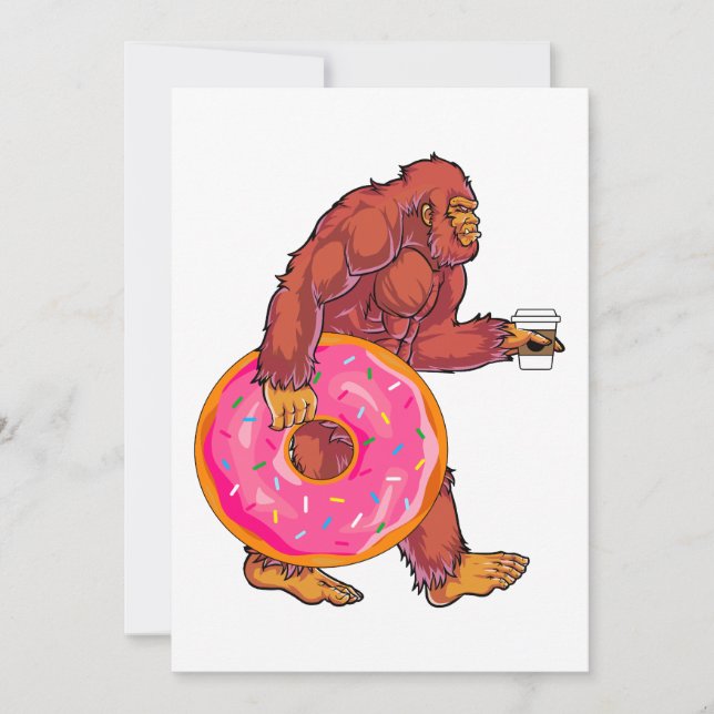 Funny Bigfoot Walking with Large Doughnut and Coff Holiday Card (Front)