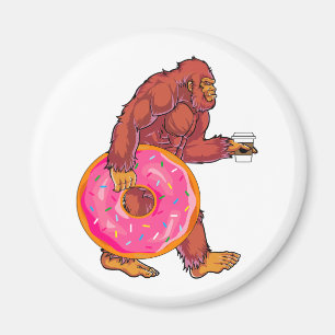 Funny Bigfoot Walking with Large Doughnut and Coff Magnet