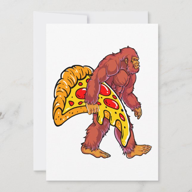 Funny Bigfoot Walking with Large Pizza Slice Holiday Card (Front)