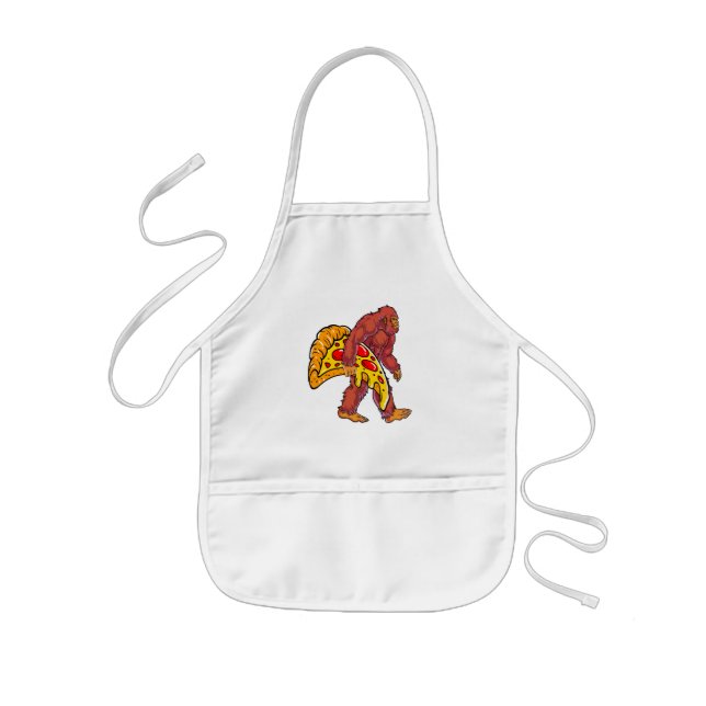Funny Bigfoot Walking with Large Pizza Slice Kids Apron (Front)