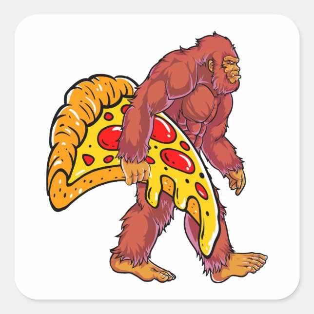 Funny Bigfoot Walking with Large Pizza Slice Square Sticker (Front)