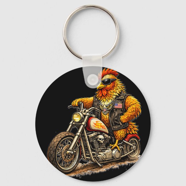 Funny Biker Rooster Design Cool Chicken Motorcycle Key Ring (Front)