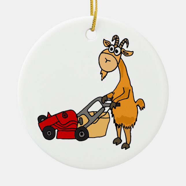 Funny Billy Goat Pushing Lawn Mower Cartoon Ceramic Tree Decoration (Front)