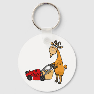 Funny Billy Goat Pushing Lawn Mower Cartoon Key Ring