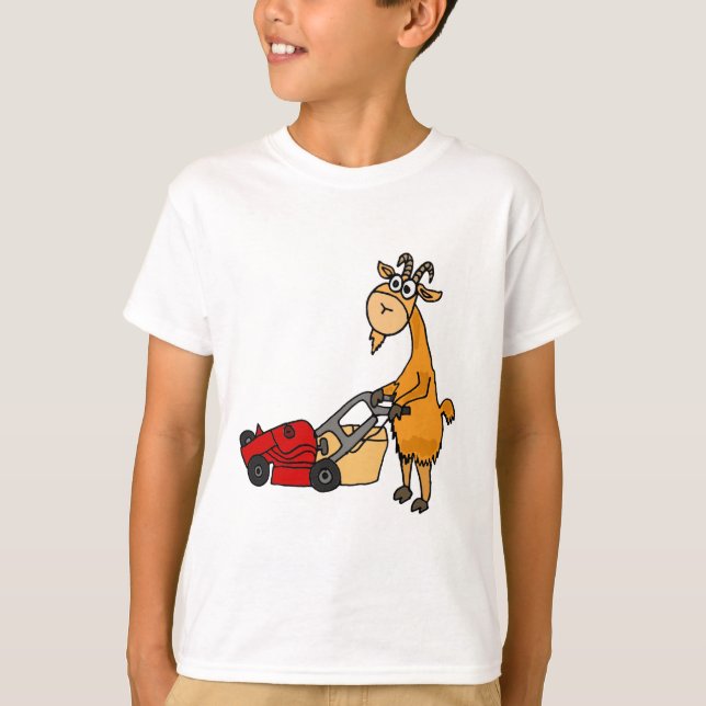 Funny Billy Goat Pushing Lawn Mower Cartoon T-Shirt (Front)