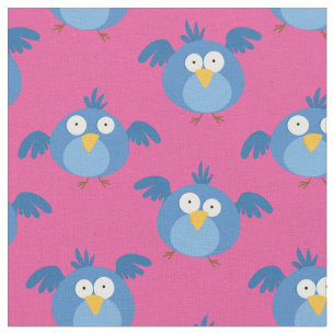 Funny Birds Silly Blue Bird Kids Cartoon Pink Girl Fabric