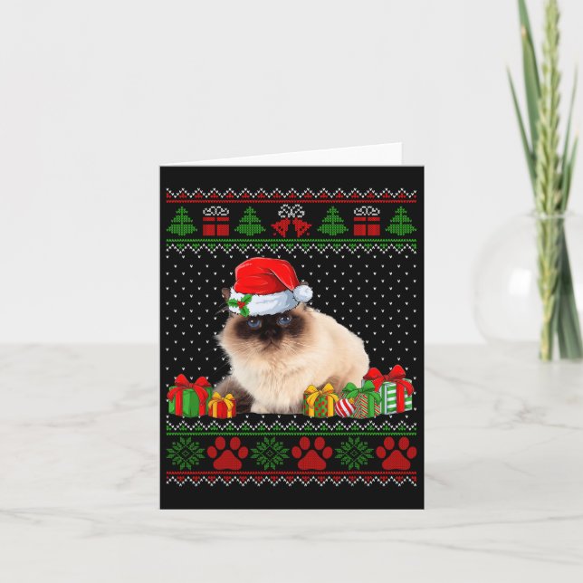 Funny Birman Cat Santa Hat Ugly Christmas Sweater  Card (Front)