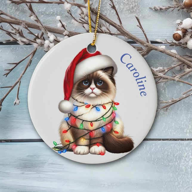 Funny Birman Cat Wrapped in Christmas Lights Ceramic Ornament (Creator Uploaded)