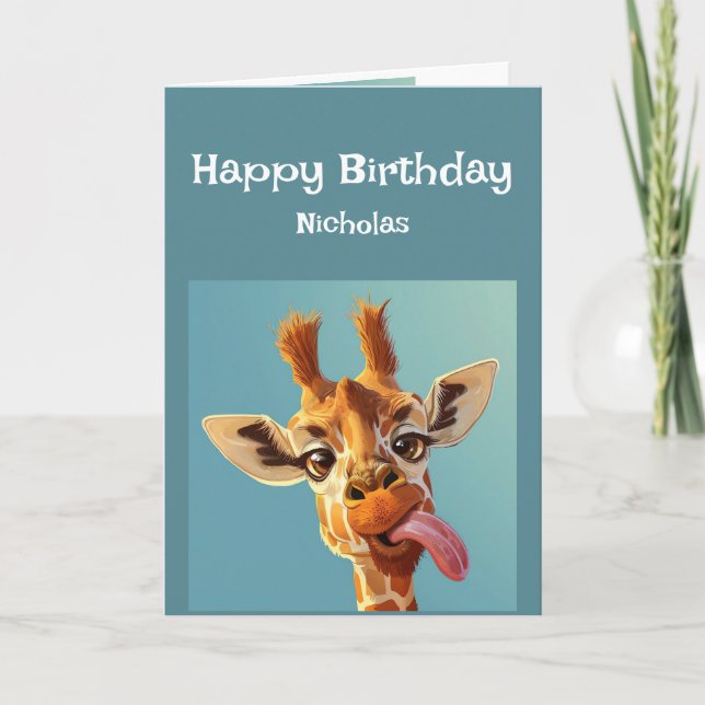 Funny Birthday Advice Giraffe Sticking Tongue out Card (Front)
