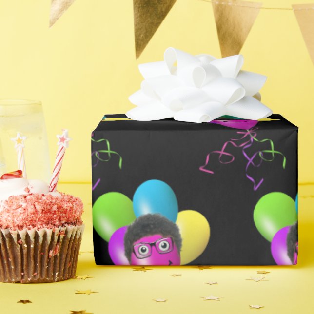 Funny Birthday Balloon Face on Black Wrapping Paper (Birthday Party)