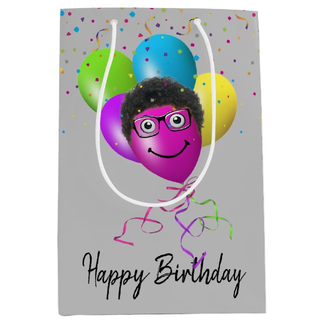 Funny Birthday Balloon Face on Grey  Medium Gift Bag (Front)