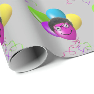 Funny Birthday Balloon Face on Grey Wrapping Paper