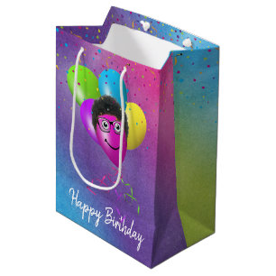 Funny Birthday Balloon Face on Rainbow Medium Gift Bag