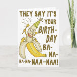 Funny Birthday Banana Cartoon Humour Unique Card<br><div class="desc">They say it's your birthday / Ba-na-na-na-naa-naa! This funny birthday greeting card has a hand-drawn cartoon banana holding a star wand and wearing a pointy birthday hat. The inside says, "I hope this card a-peels to your sense of humour." You can also edit the "Have a happy birthday" text or...</div>