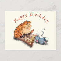 Funny Birthday Card Cat and Mouse Playing Chess