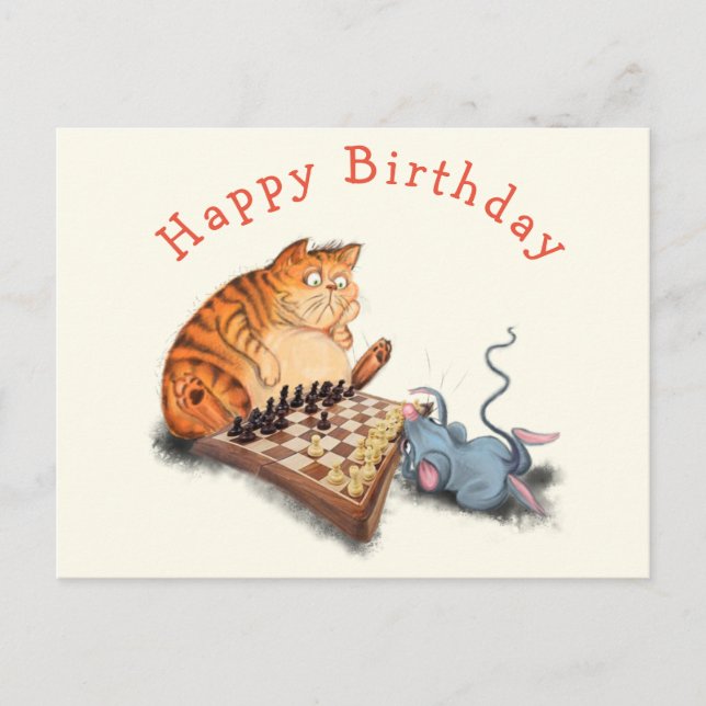 Funny Birthday Card Cat and Mouse Playing Chess (Front)