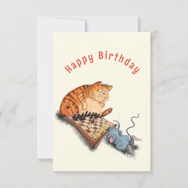 Funny Birthday Card Cat and Mouse Playing Chess (Front)
